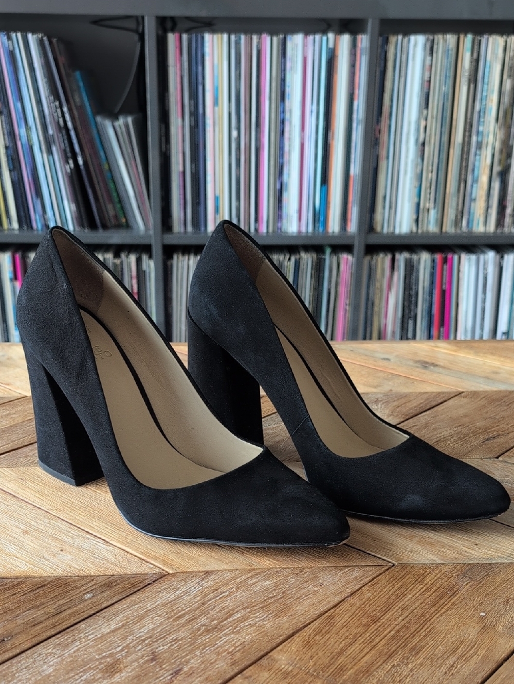 Vince Camuto Classic Black Suede Block Heel Pumps - Women's